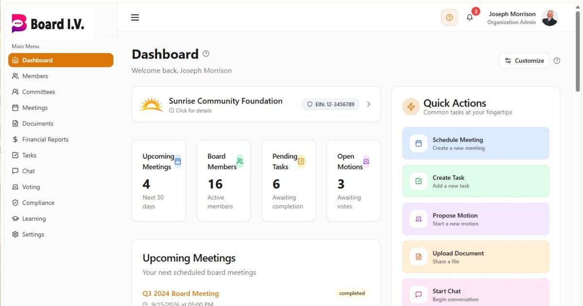 The Board I.V. dashboard showing upcoming meetings, outstanding tasks, compliance dates and a financial overview on one screen.