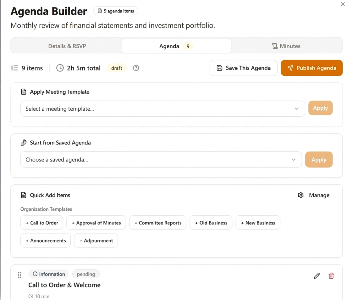 The Board I.V. agenda builder: timed agenda items with owners, attached documents and motions on each item.