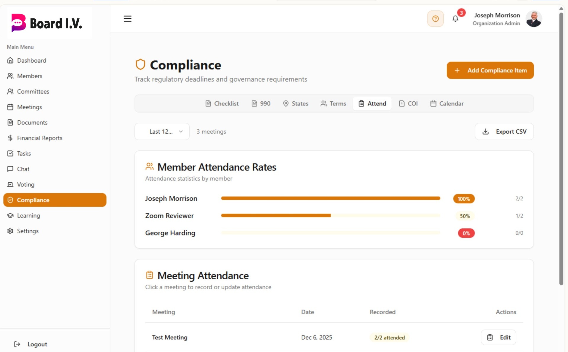 The Board I.V. compliance calendar tracking 990 filing dates, state registrations, board terms and conflict-of-interest disclosures.
