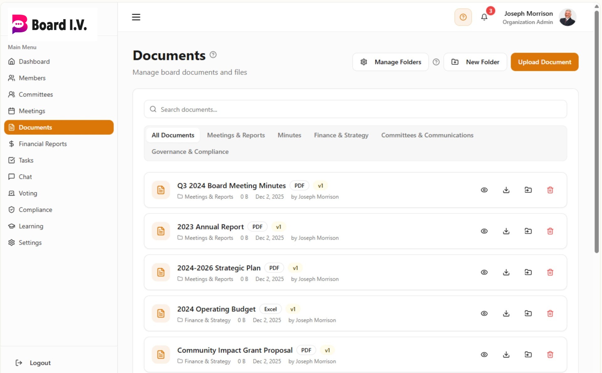 The Board I.V. document hub showing nested folders of minutes, policies, financials and 990 filings.